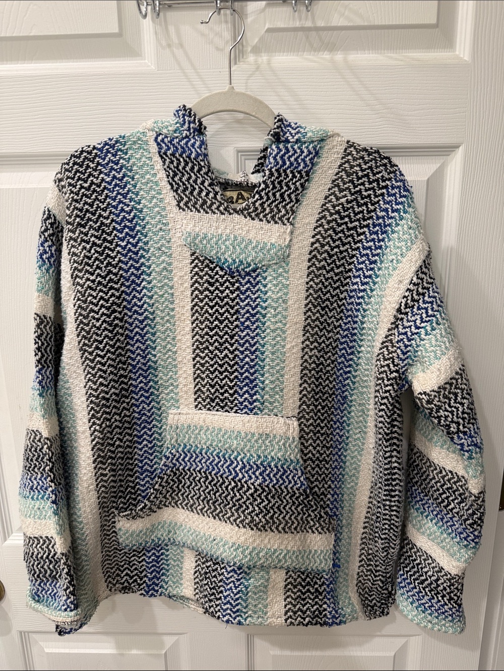 Baja Joe Striped Baja Crewneck Sweater Hoodie — White, Black & Blue-Green